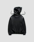 Back view of the black hoodie with its hood and drawstring