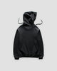 Back view of the black hoodie with its hood and drawstring