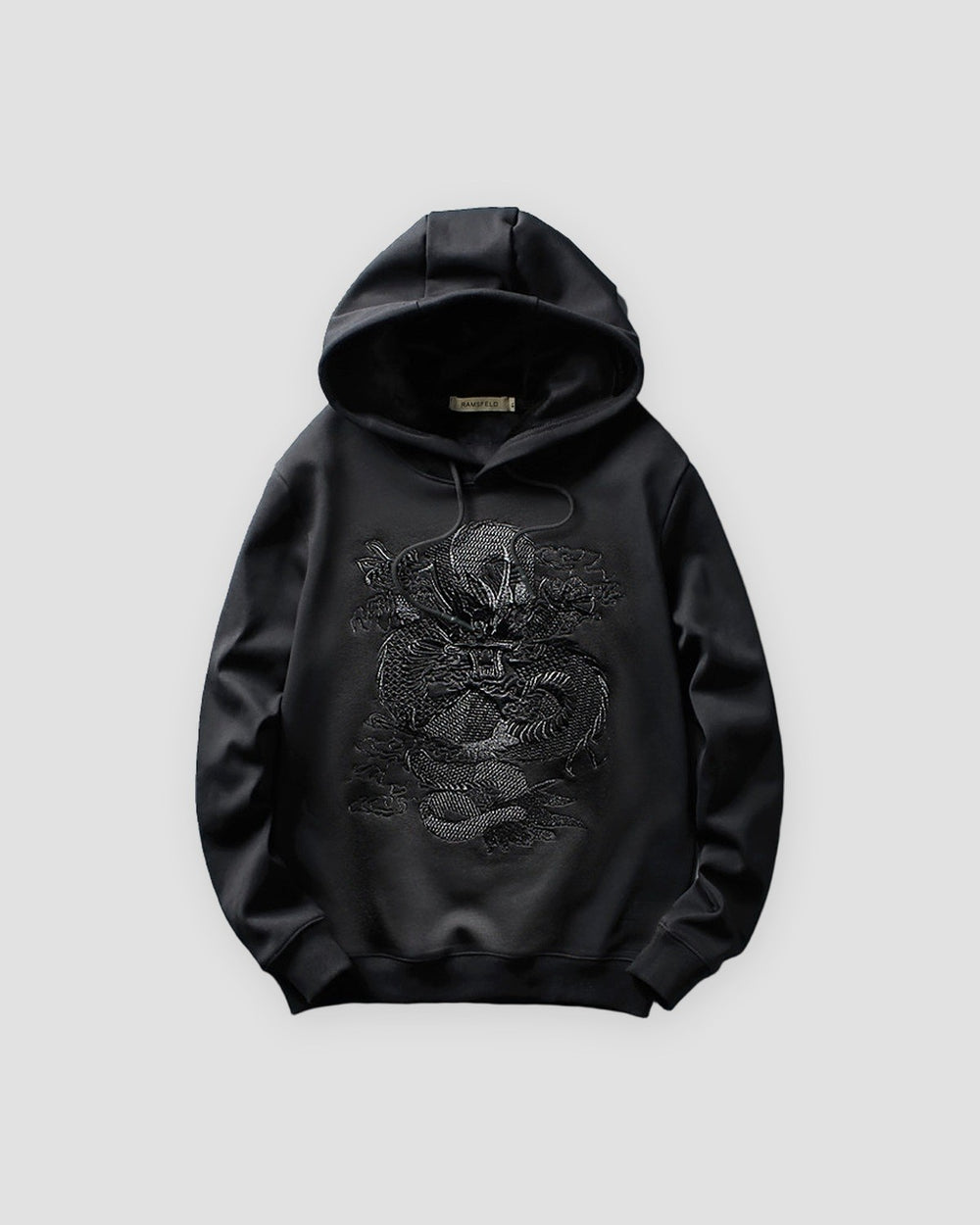 Black pullover hoodie with a black dragon embroidered on the chest, front view