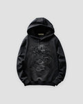 Black pullover hoodie with a black dragon embroidered on the chest, front view