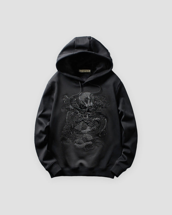 Black pullover hoodie with a black dragon embroidered on the chest, front view