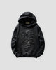 Black pullover hoodie with a black dragon embroidered on the chest, front view