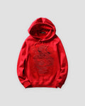 Red pullover hoodie with a red dragon embroidered on the chest, front view