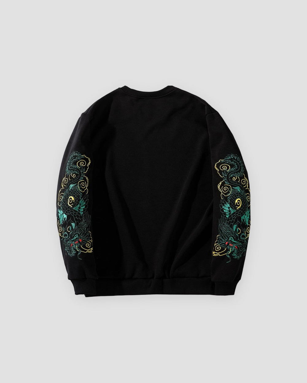 Back of the black sweatshirt with a dragon embroidered down each sleeve