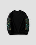 Back of the black sweatshirt with a dragon embroidered down each sleeve