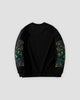 Back of the black sweatshirt with a dragon embroidered down each sleeve