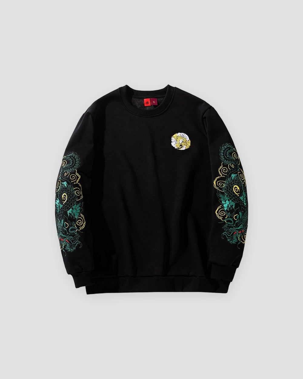 Black crewneck sweatshirt with a teal-green dragon embroidered down each sleeve and a round chest emblem, front view