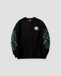 Black crewneck sweatshirt with a teal-green dragon embroidered down each sleeve and a round chest emblem, front view