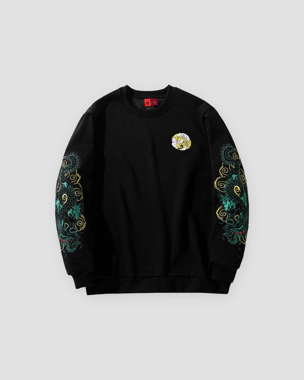 Black crewneck sweatshirt with a teal-green dragon embroidered down each sleeve and a round chest emblem, front view