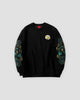 Black crewneck sweatshirt with a teal-green dragon embroidered down each sleeve and a round chest emblem, front view