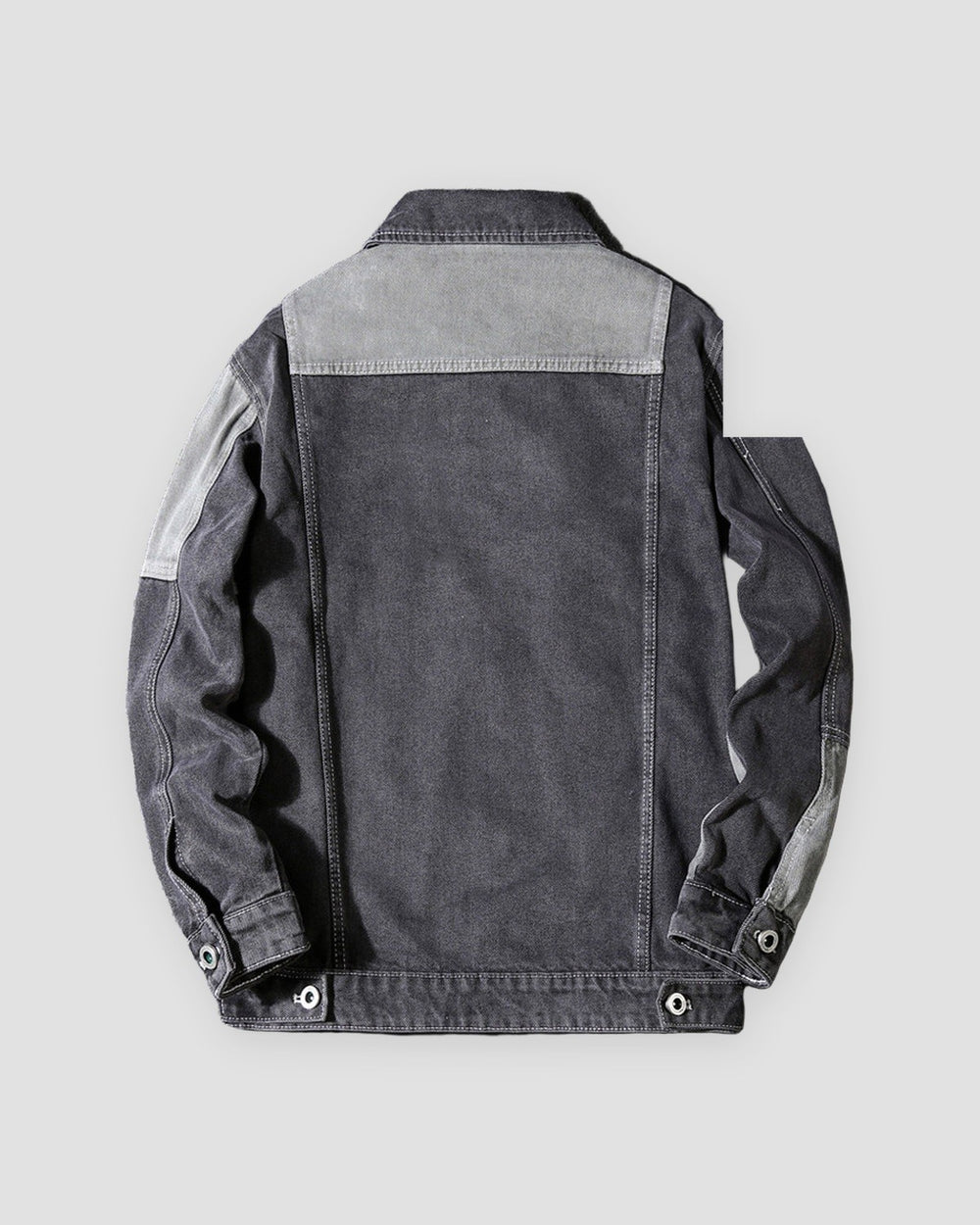 Dark gray patchwork denim jacket, back view with the light gray yoke