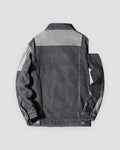 Dark gray patchwork denim jacket, back view with the light gray yoke