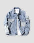 Light blue patchwork denim jacket with pale blue pockets and panels, front view