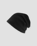 Black waffle knit slouchy beanie, side view
