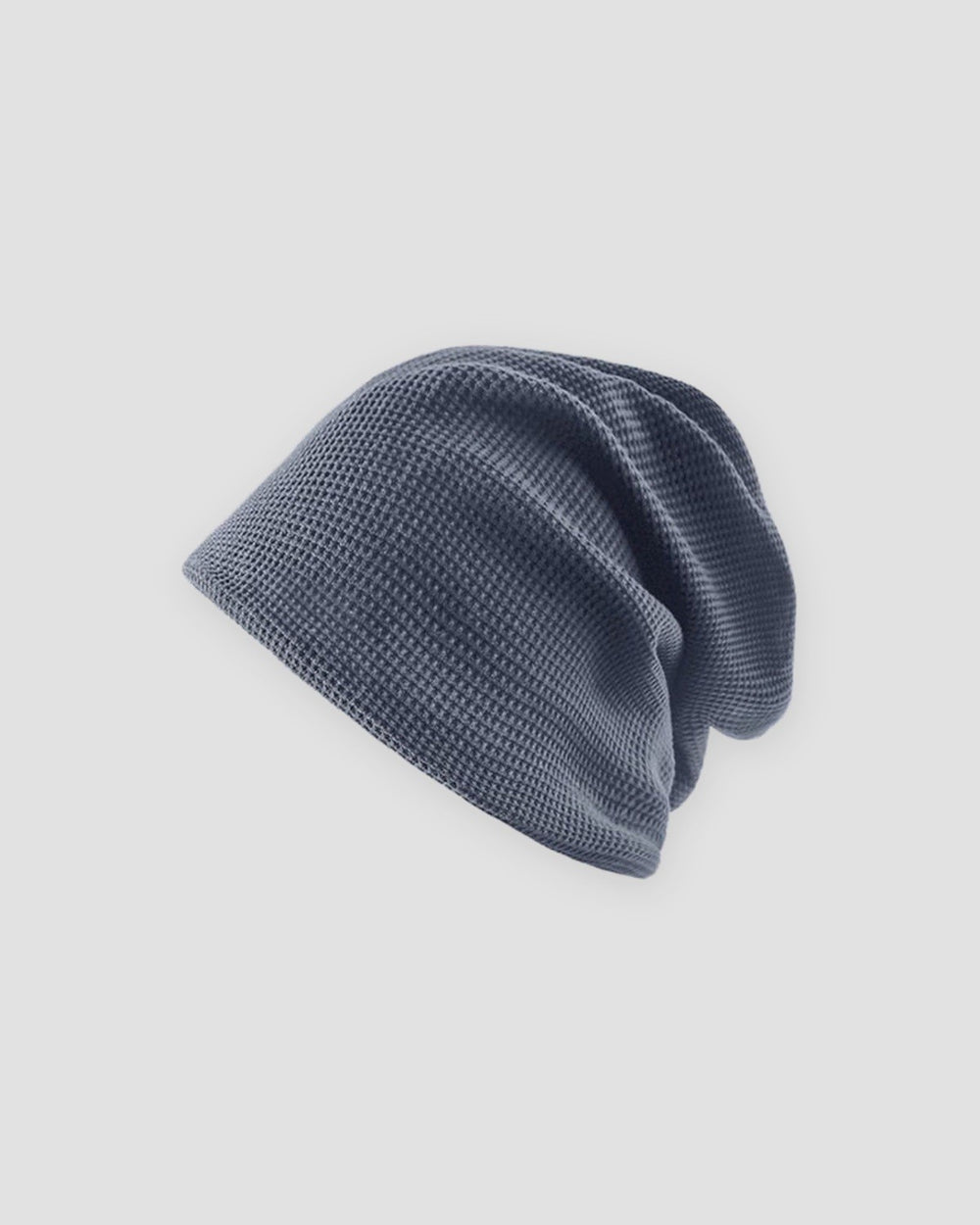 Blue gray waffle knit slouchy beanie, side view