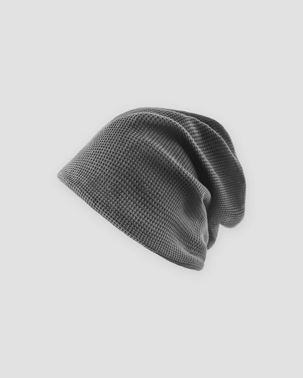 Dark gray waffle knit slouchy beanie, side view