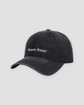 Black washed denim baseball cap with white Pamela Raina lettering on the front