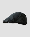 Black washed denim flat cap, side view