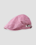 Pink washed flat cap with a short peak, cross stitches and a white woven tab