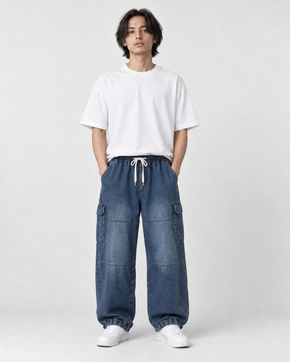 Model wearing the blue washed wide-leg cargo jeans with a white tee, front view