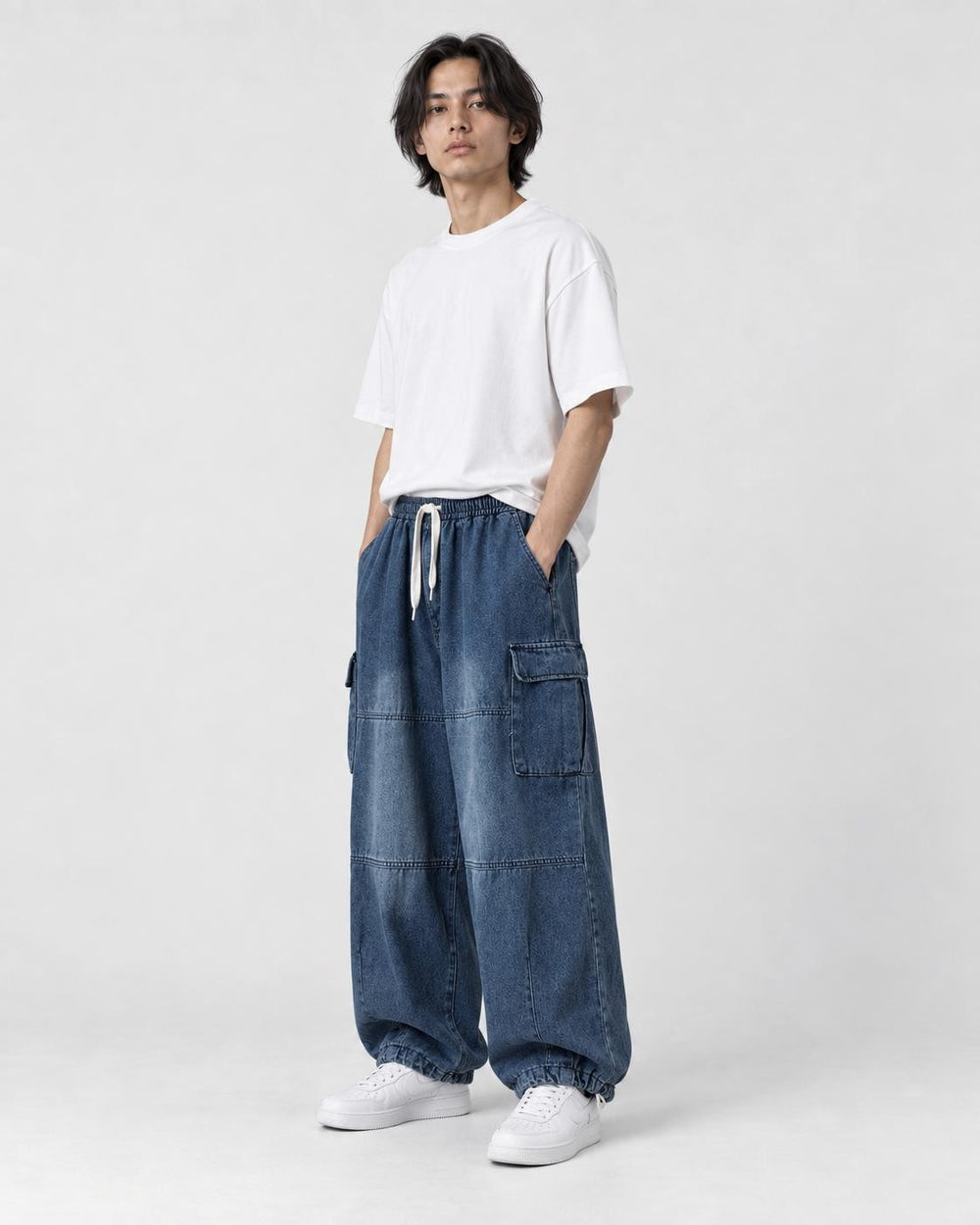 Model wearing the blue cargo jeans, three-quarter view of the thigh pocket