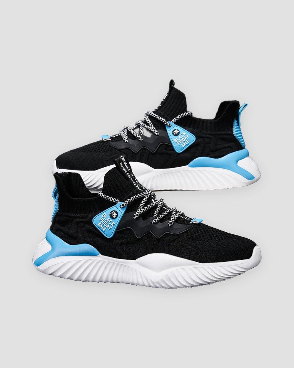Black knit sock sneakers with sky-blue heel accents