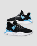 Black knit sock sneakers with sky-blue heel accents