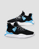 Black knit sock sneakers with sky-blue heel accents