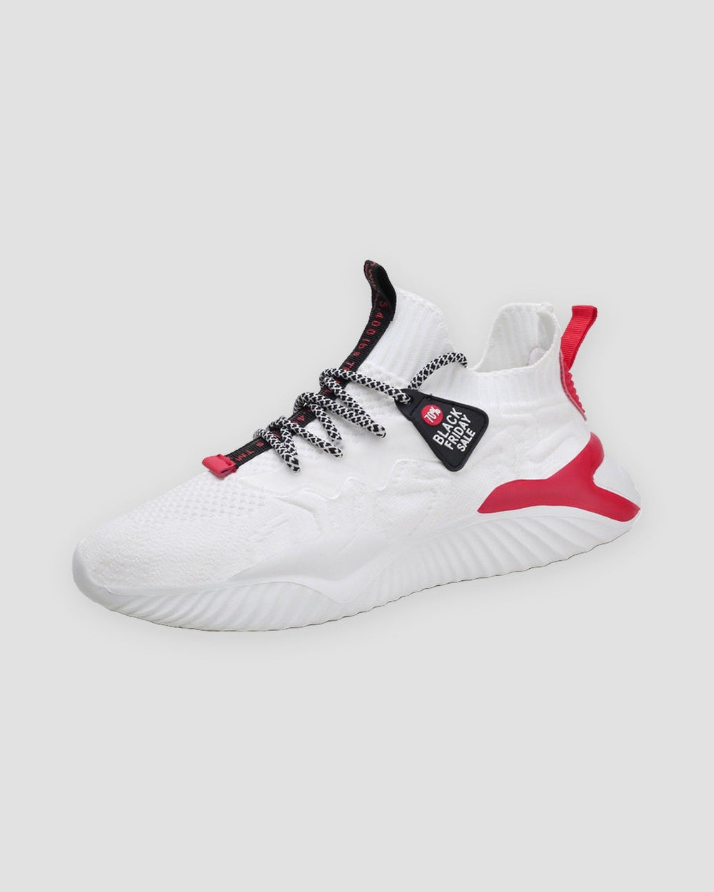 White knit sock sneakers with red heel accents and speckled laces