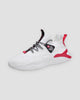 White knit sock sneakers with red heel accents and speckled laces