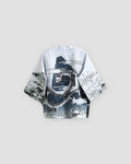 White haori jacket on a hanger, back view with a coiling gray dragon, a blue-gray mountain and black and white waves