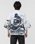 Man seen from behind in the white haori with a coiling gray dragon and black and white waves on the back, over a black tee