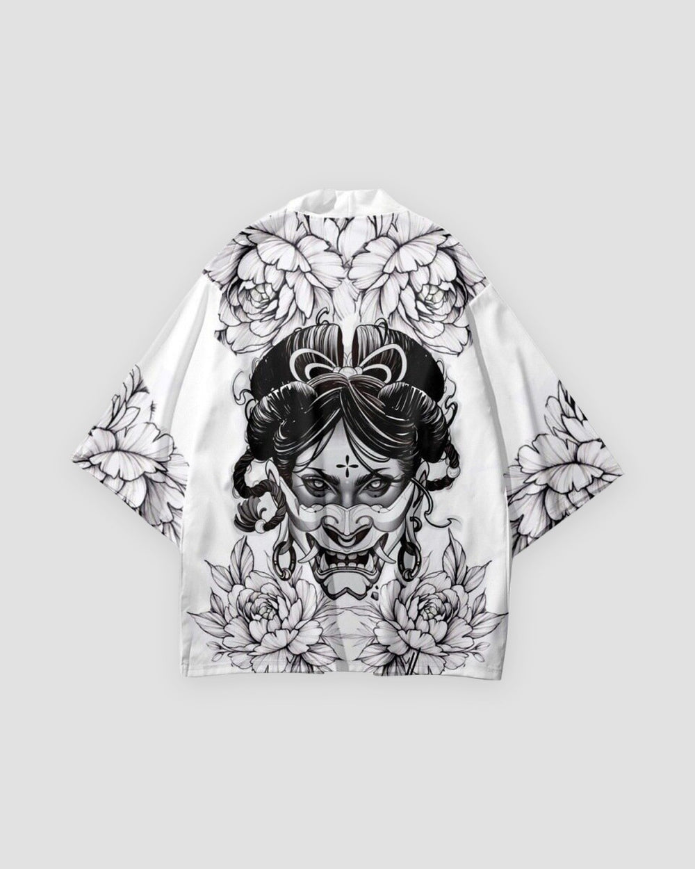 White haori jacket, back view with a black line-art horned mask framed by peonies and leaves