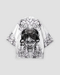 White haori jacket, back view with a black line-art horned mask framed by peonies and leaves