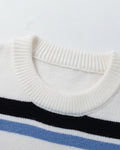 Close-up of the ribbed crew neck and the first black and blue stripes