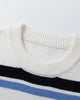 Close-up of the ribbed crew neck and the first black and blue stripes