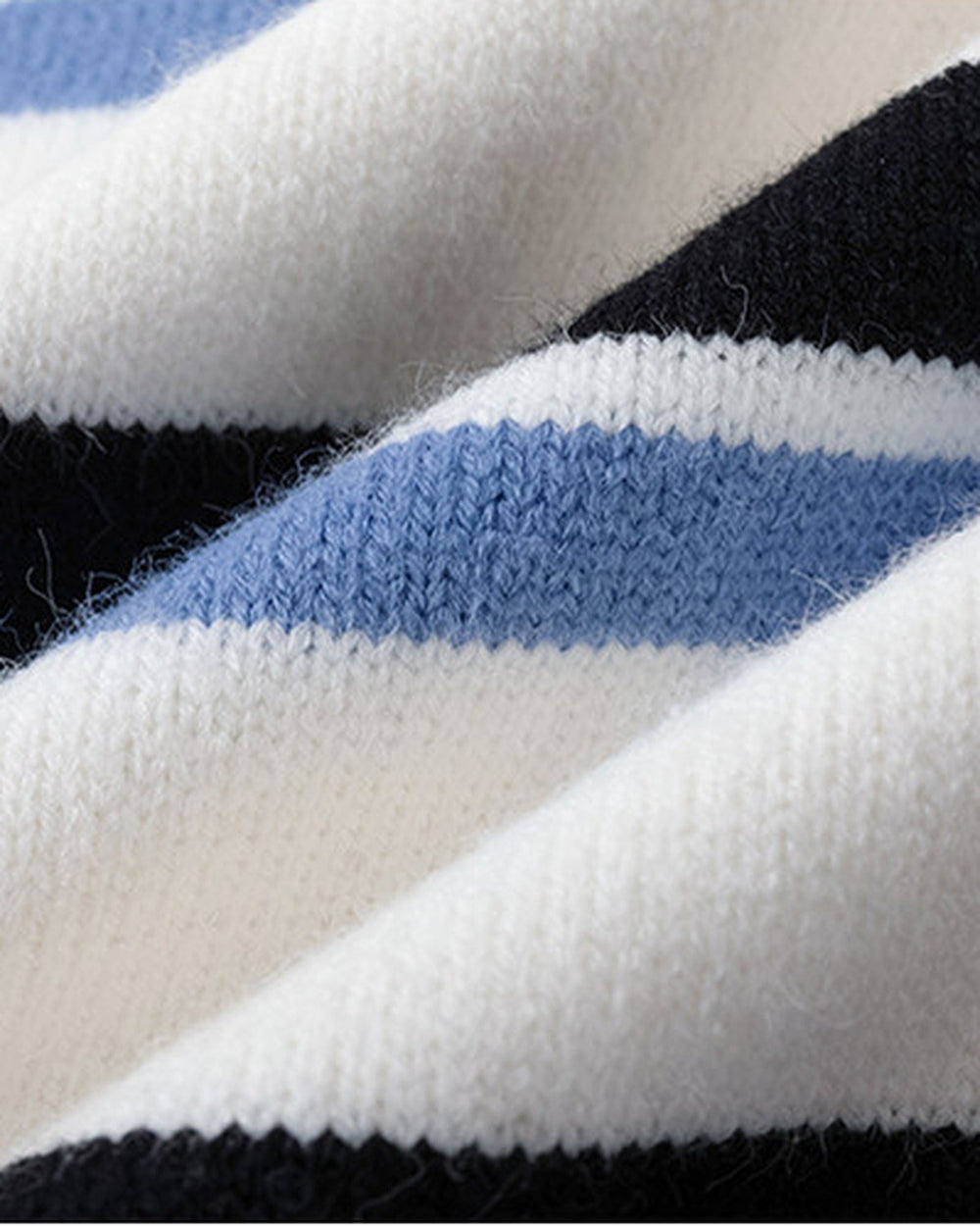 Close-up of the black, white and light-blue knit stripes