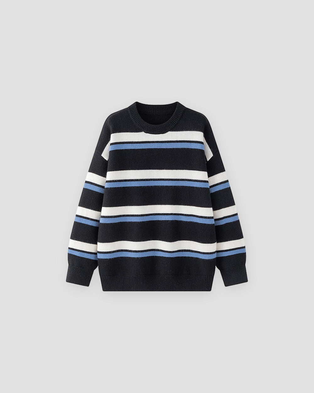 Black knit sweater with wide cream-white and light-blue stripes, front view