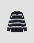 Black knit sweater with wide cream-white and light-blue stripes, front view