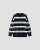Black knit sweater with wide cream-white and light-blue stripes, front view