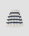 White knit sweater with wide black and light-blue stripes, front view