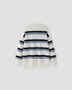 White knit sweater with wide black and light-blue stripes, front view