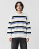 Model wearing the white striped knit sweater with dark jeans, front view