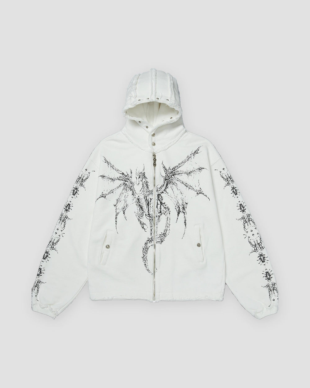 White zip hoodie with a black winged dragon graphic and a studded hood, front view