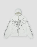 White zip hoodie with a black winged dragon graphic and a studded hood, front view