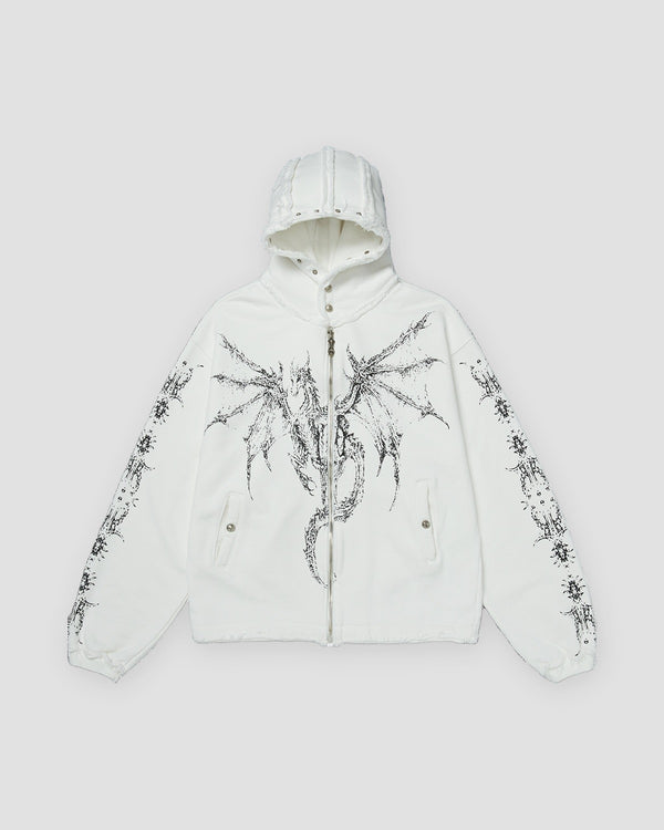 White zip hoodie with a black winged dragon graphic and a studded hood, front view