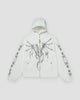White zip hoodie with a black winged dragon graphic and a studded hood, front view