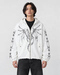 Model wearing the white winged dragon zip hoodie over a black tee, front view