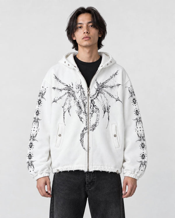 Model wearing the white winged dragon zip hoodie over a black tee, front view