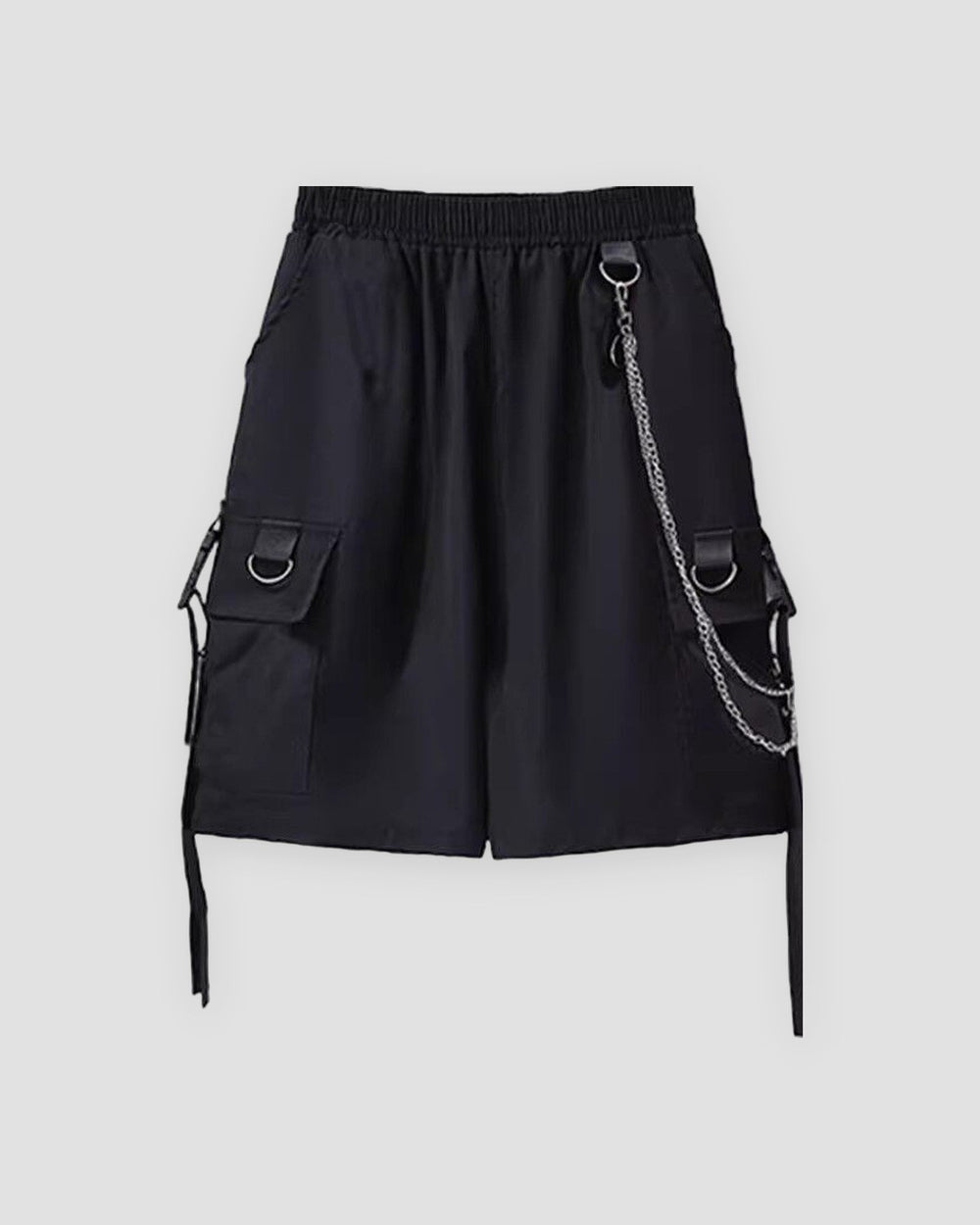 Black cargo shorts with a silver chain, a ring at the waistband, two buckled pockets and long side straps